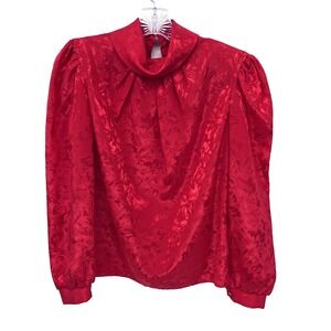 DAVID BENJAMIN Womens Sz S Vintage USA Red Floral Pattern Silky Cowl Neck Blouse